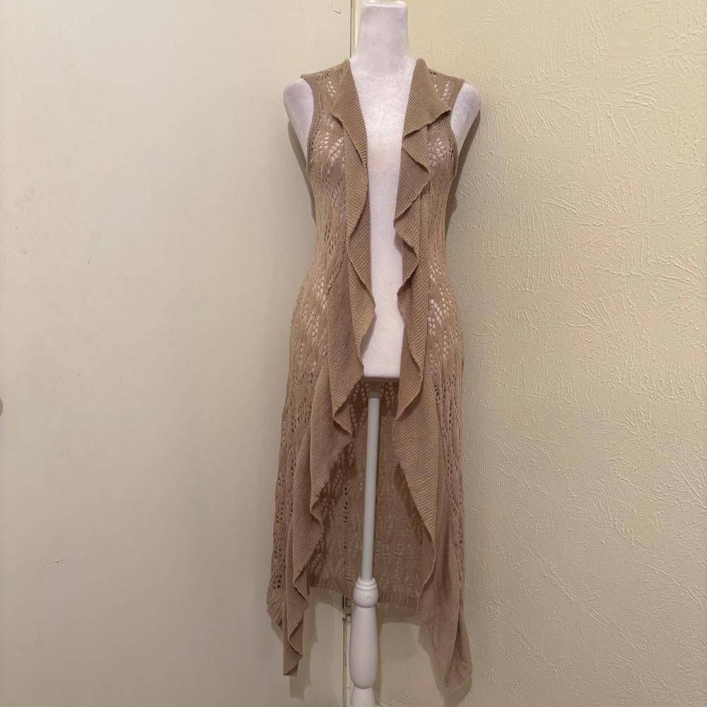 Vtg 90s Y2K Long Tan Open Knit Duster Cardigan Ruffle Front Sleeveless Vest M